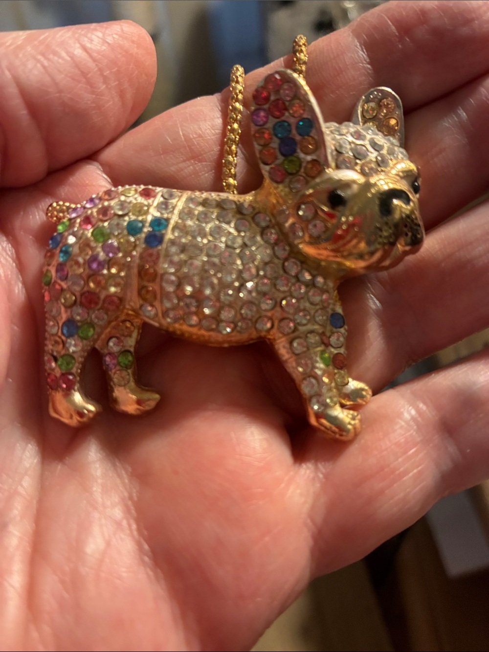 Gold-tone Crystal French Bulldog Pendant Necklace - Multicolor Rhinestones